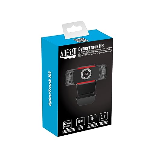 Adesso CyberTrack H3 Webcam 1.2 Megapixel 30 fps USB 2.0 1280x720 Video CMOS Sensor Manual-Focus Microphone for PC & Laptop, Black