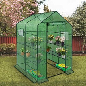 ENSTVER Polyethylene Reinforced Walk-in Greenhouse with Window,Plant Gardening Green House 2 Tiers and 8 Shelves,L56.5 x W56.5 x H76.5