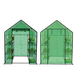 ENSTVER Polyethylene Reinforced Walk-in Greenhouse with Window,Plant Gardening Green House 2 Tiers and 8 Shelves,L56.5 x W56.5 x H76.5