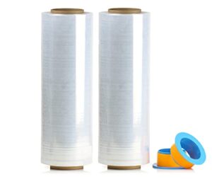 2 pack 1500ft industrial clear stretch wrap film 70 gauge 15" with 3inch plastic rolling handle for pallet wrap, durable self-adhering packing, moving, packaging, heavy duty shrink film, bomei pack