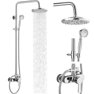 airuida shower fixture, brass exposed pipe shower system, chrome polish 8 inch rainfall shower head single handle with dual functions shower faucet combo unit set