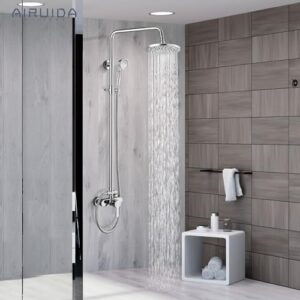 Airuida Shower Fixture, Brass Exposed Pipe Shower System, Chrome Polish 8 Inch Rainfall Shower Head Single handle with Dual Functions Shower Faucet Combo Unit Set