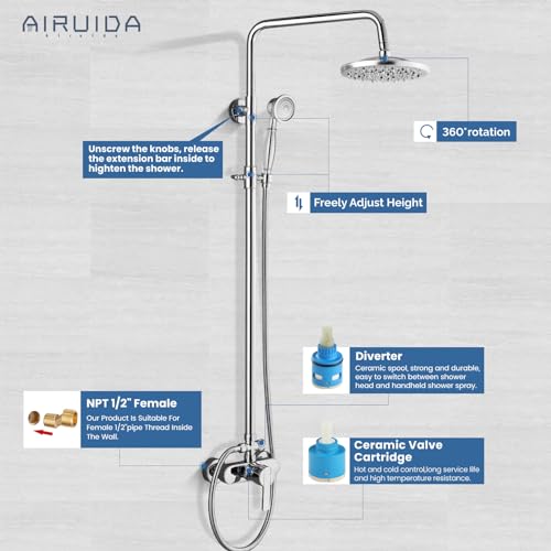 Airuida Shower Fixture, Brass Exposed Pipe Shower System, Chrome Polish 8 Inch Rainfall Shower Head Single handle with Dual Functions Shower Faucet Combo Unit Set