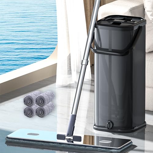 SWIFTIRON Stainless Steel Mop and Bucket with Wringer Set for Home, Hands-Free Flat Squeeze Mop with 4 Washable & Reusable Microfiber Mop Heads, Wet and Dry Use Mop with Long Handle（Black）