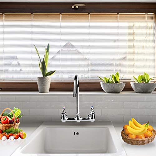 KWODE Wall Mount Faucet 8 Inch Center Commercial Kitchen Sink Faucet with 6" Gooseneck Swivel Spout 2 Handles Control Brass Contructed Chrome Finish