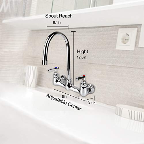 KWODE Wall Mount Faucet 8 Inch Center Commercial Kitchen Sink Faucet with 6" Gooseneck Swivel Spout 2 Handles Control Brass Contructed Chrome Finish