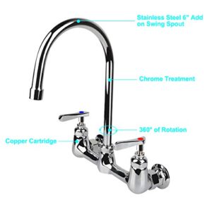 KWODE Wall Mount Faucet 8 Inch Center Commercial Kitchen Sink Faucet with 6" Gooseneck Swivel Spout 2 Handles Control Brass Contructed Chrome Finish