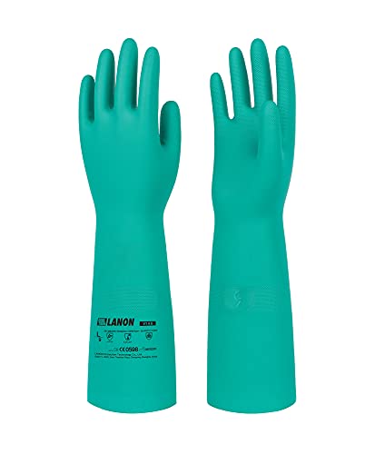 LANON Nitrile Chemical Resistant Gloves, Reusable Heavy Duty Safety Work Gloves, Acid, Alkali and Oil Protection, 18" Length, Non-Slip, Large