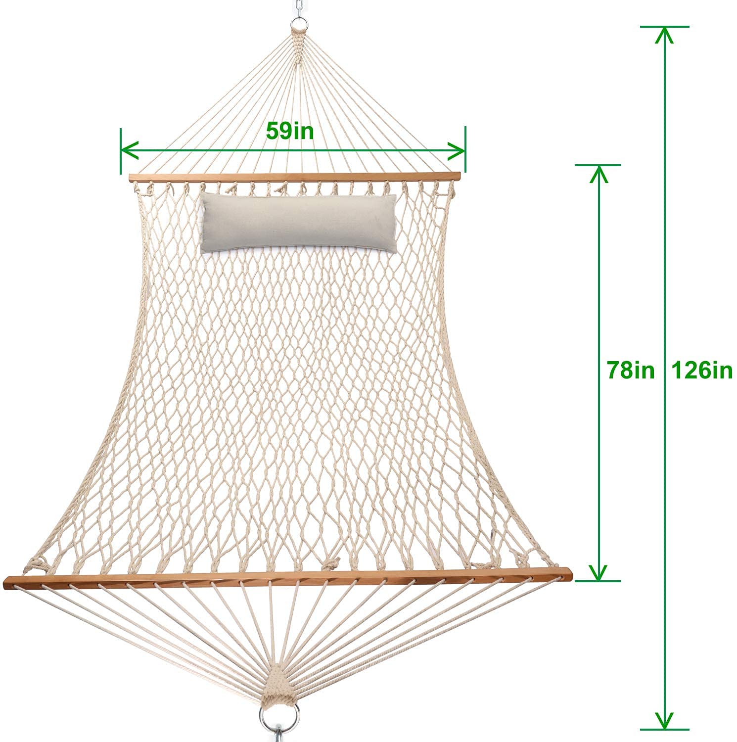 Y- STOP Hammocks, Traditional Cotton Rope Hammock with Chains and Hooks for Outdoor, Indoor, Patio Yard, Double Solid Wood, for Two Person, Max 440 Lbs (Natural)