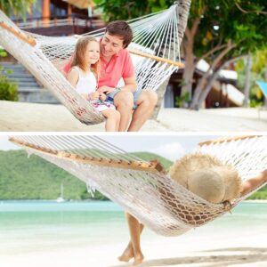 Y- STOP Hammocks, Traditional Cotton Rope Hammock with Chains and Hooks for Outdoor, Indoor, Patio Yard, Double Solid Wood, for Two Person, Max 440 Lbs (Natural)