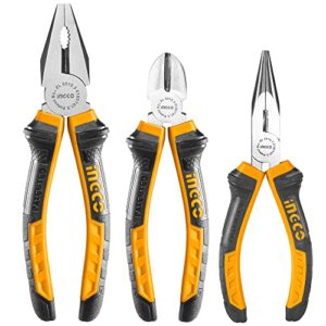 INGCO Pliers Tool Set, 3pcs Small Plier Set, 8 Inch Combination Pliers, 6 Inch Diagonal Cutting Pliers, 6 Inch Needle Nose Pliers HKPS08318