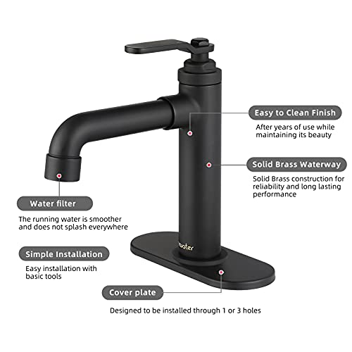 NEWATER Single-Handle Brass Bathroom Sink Faucet One Hole Deck Mount Vanity Faucets Basin Mixer Tap Rv Commercial Lavatory Faucet with Metal Pop Up Drain & Supply Lines，Matte Black