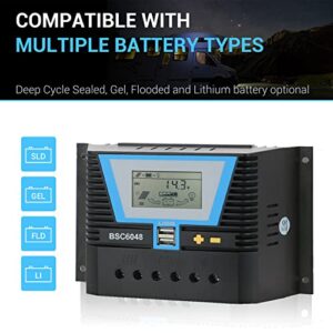 PowMr 60A PWM Solar Controller, 12V 24V 36V 48V Auto with LCD Display, Dual USB Output Charge Controller for AGM, Gel, Flooded, Lead-Acid and Lithium Battery