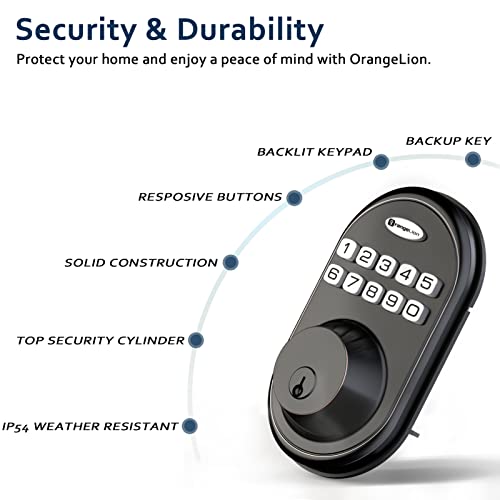 OrangeLion Keyless Entry Deadbolt Lock, Electronic Keypad Door Lock, Auto Lock, 1 Touch Locking, 20 User Codes, Easy to Install, Oil Rubbed Bronze