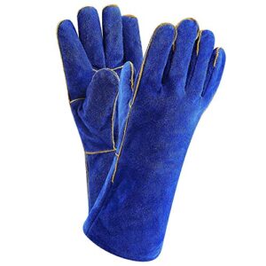 deko welding gloves 14 inch leather forge heat resistant blue welding glove for mig, tig welder, furnace, fireplace and more (blue),camping, stove, bbq