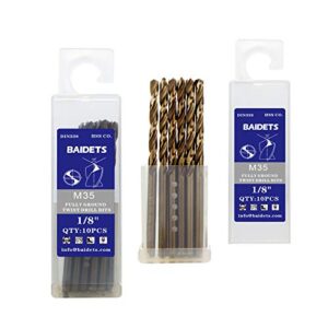 1/8 Inch Cobalt Drill Bits - Set of 10 Pcs, BAIDETS M35 High Speed Steel Jobber Drill Bits, Twist Drill Bits Set for Hard Metal, Stainless Steel, Cast Iron, Plastic and Wood