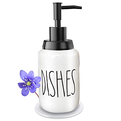 Soap Dispenser–Modern Farmhouse Style Ceramic Dishes Liquid Soap Dispenser–Perfect for Kitchen Counter Décor or Kitchen Sink-Bathroom Soap Dispenser–White Bottles with Black Pump and Lettering(14oz)