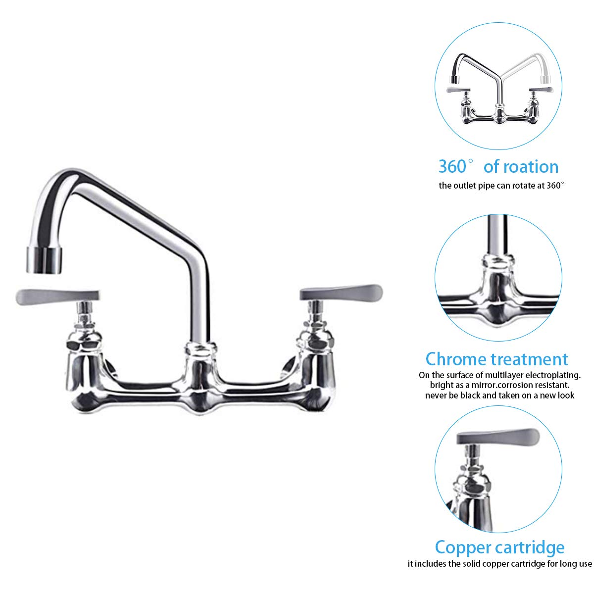 KWODE 8 Inch Center Commercial Sink Faucet with 10” Swivel Spout, Commercial Wall Mount Kitchen Faucet for Kitchen Sink 2-Handle 1 or 2 Compartment Prep & Utility Wall Mount Faucet Chrome Finish