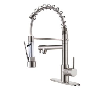 qomolangma contemporary kitchen faucet with pull down sprayer, stainless steel single handle spring kitchen sink faucets with sprayer, with deck plate, brushed nickel