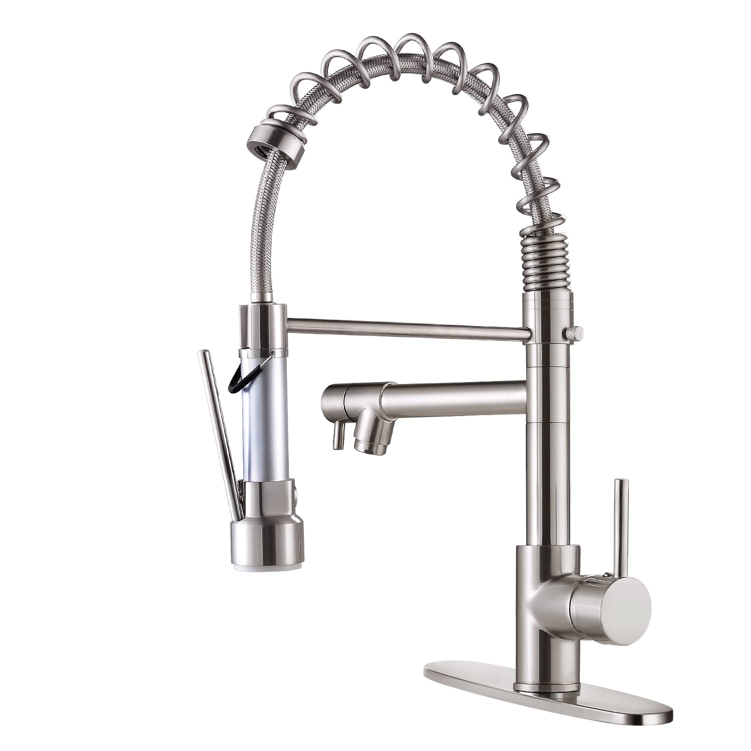 Qomolangma Contemporary Kitchen Faucet with Pull Down Sprayer, Stainless Steel Single Handle Spring Kitchen Sink Faucets with Sprayer, with Deck Plate, Brushed Nickel