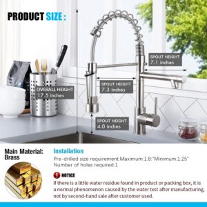 Qomolangma Contemporary Kitchen Faucet with Pull Down Sprayer, Stainless Steel Single Handle Spring Kitchen Sink Faucets with Sprayer, with Deck Plate, Brushed Nickel