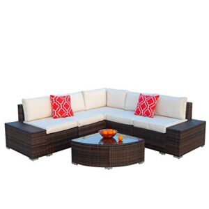 Polar Aurora 6pcs Patio Furniture Set PE Brown Rattan Wicker Sectional Outdoor Sofa Set Outside Couch w/Washable Seat Cushions & Modern Glass Wedge Table for Patio, Backyard, Pool-Beige