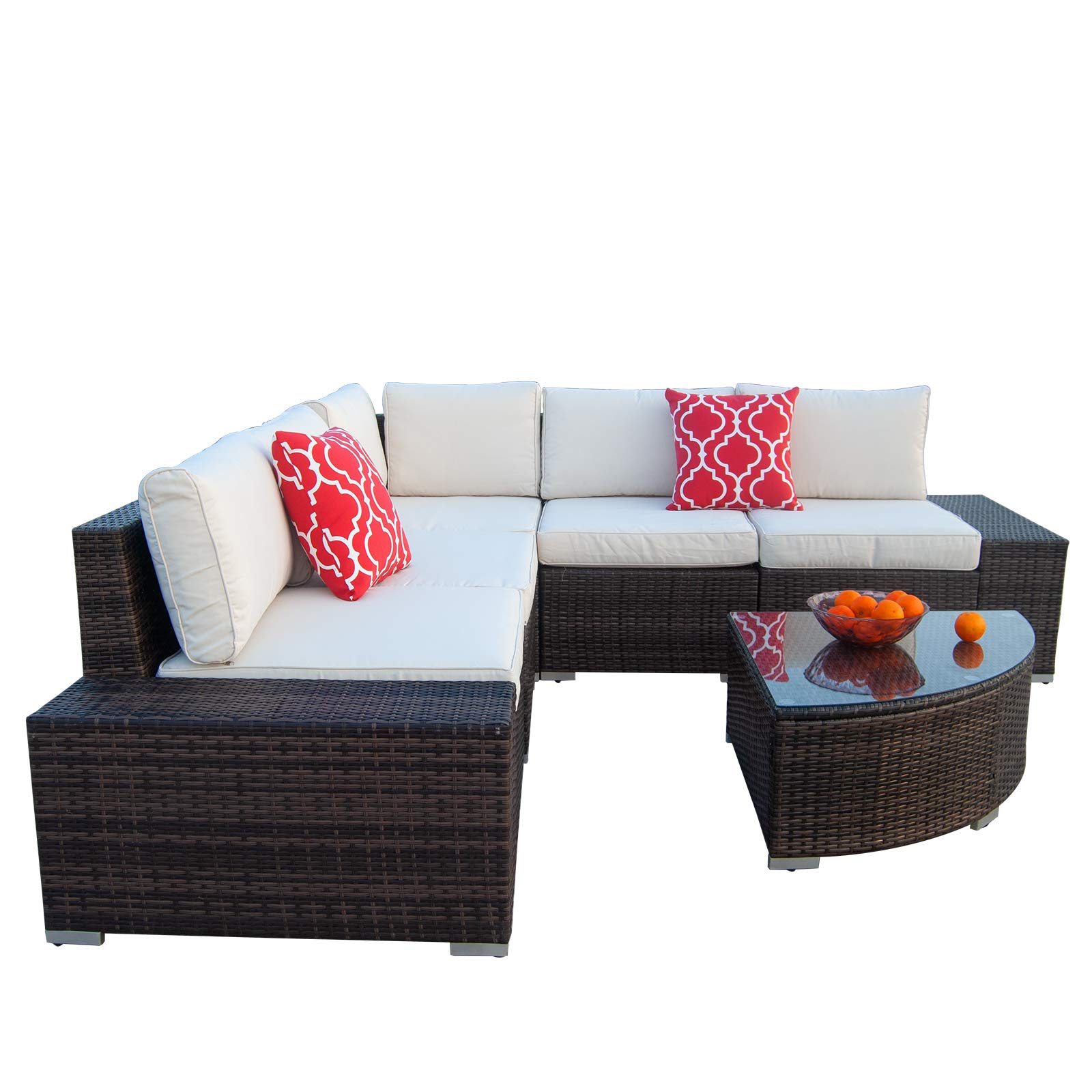 Polar Aurora 6pcs Patio Furniture Set PE Brown Rattan Wicker Sectional Outdoor Sofa Set Outside Couch w/Washable Seat Cushions & Modern Glass Wedge Table for Patio, Backyard, Pool-Beige