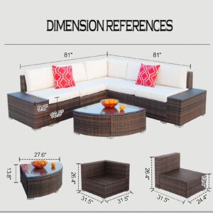 Polar Aurora 6pcs Patio Furniture Set PE Brown Rattan Wicker Sectional Outdoor Sofa Set Outside Couch w/Washable Seat Cushions & Modern Glass Wedge Table for Patio, Backyard, Pool-Beige