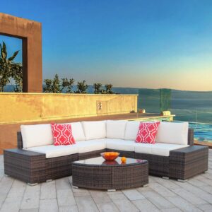 Polar Aurora 6pcs Patio Furniture Set PE Brown Rattan Wicker Sectional Outdoor Sofa Set Outside Couch w/Washable Seat Cushions & Modern Glass Wedge Table for Patio, Backyard, Pool-Beige