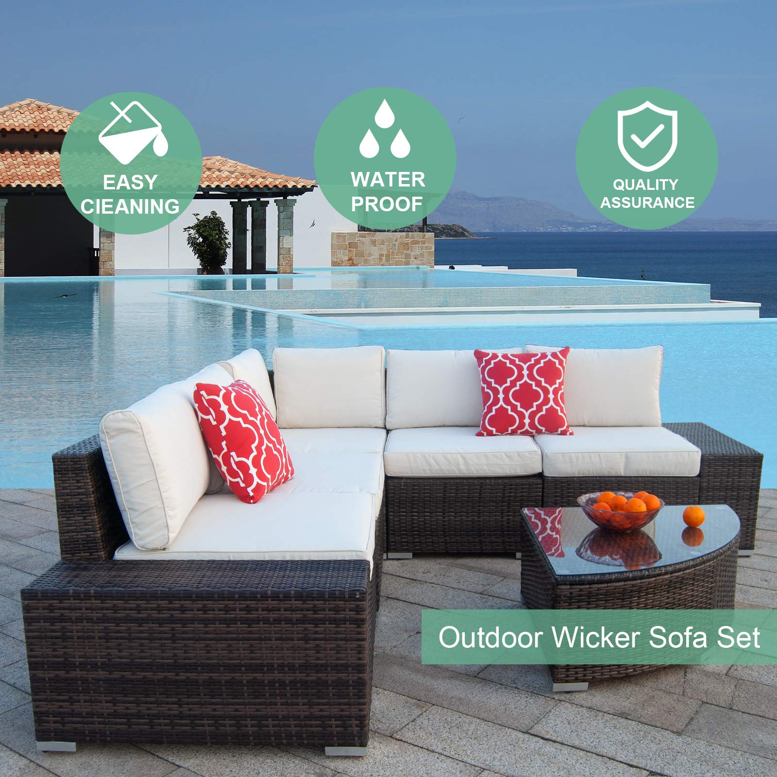 Polar Aurora 6pcs Patio Furniture Set PE Brown Rattan Wicker Sectional Outdoor Sofa Set Outside Couch w/Washable Seat Cushions & Modern Glass Wedge Table for Patio, Backyard, Pool-Beige