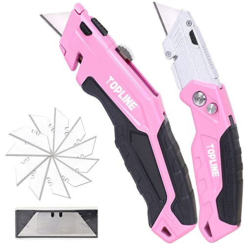TOPLINE 2-Pack Pink Utility Knife Set, Retractable Pink Box Cutter and Pocket Folding Utility Knife, Blade Storage Design, 18-Piece SK5 Blades and a Dispenser Included