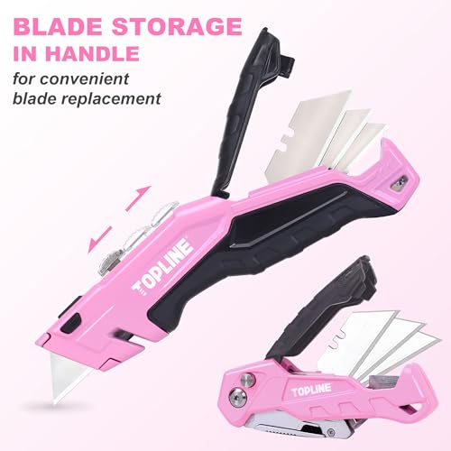 TOPLINE 2-Pack Pink Utility Knife Set, Retractable Pink Box Cutter and Pocket Folding Utility Knife, Blade Storage Design, 18-Piece SK5 Blades and a Dispenser Included