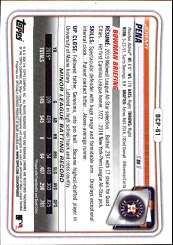 2020 Bowman Chrome Prospects #BCP-61 Jeremy Pena RC Rookie Houston Astros MLB Baseball Trading Card