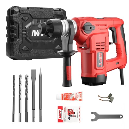 MPT 1-1/4 Inch SDS-Plus 13 Amp Heavy Duty Rotary Hammer Drill With Vibration Control And Safety Clutch,32mm For Concrete Including 5 Drill Bits,Point Chisel,Flat Chisel