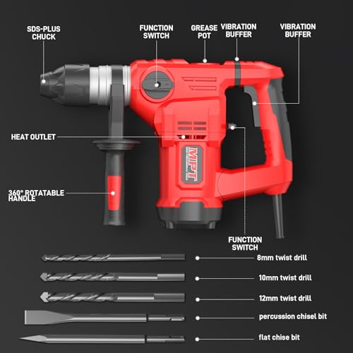 MPT 1-1/4 Inch SDS-Plus 13 Amp Heavy Duty Rotary Hammer Drill With Vibration Control And Safety Clutch,32mm For Concrete Including 5 Drill Bits,Point Chisel,Flat Chisel