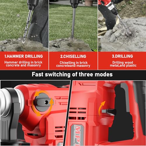 MPT 1-1/4 Inch SDS-Plus 13 Amp Heavy Duty Rotary Hammer Drill With Vibration Control And Safety Clutch,32mm For Concrete Including 5 Drill Bits,Point Chisel,Flat Chisel