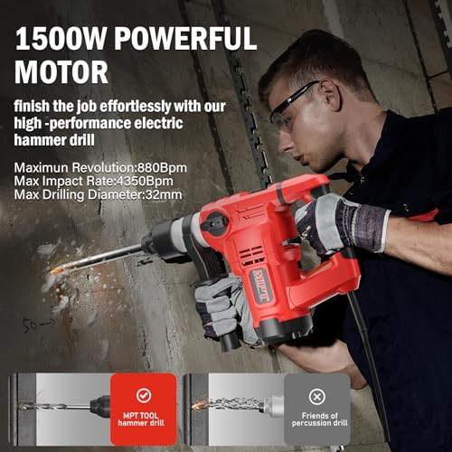 MPT 1-1/4 Inch SDS-Plus 13 Amp Heavy Duty Rotary Hammer Drill With Vibration Control And Safety Clutch,32mm For Concrete Including 5 Drill Bits,Point Chisel,Flat Chisel