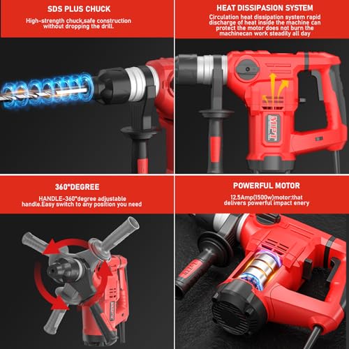 MPT 1-1/4 Inch SDS-Plus 13 Amp Heavy Duty Rotary Hammer Drill With Vibration Control And Safety Clutch,32mm For Concrete Including 5 Drill Bits,Point Chisel,Flat Chisel