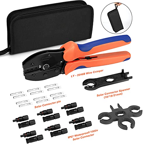 WELLUCK 27PCS Solar Crimping Tool Kit for Solar Panel Cable Wire, 1 Solar Crimper | 6 Pairs Male Female Solar Cable Connectors | 2pcs Spanner Wrench, Solar Crimping Kit for 10/11/12/13AWG Solar Wiring