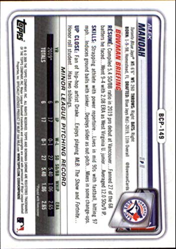 2020 Bowman Chrome Prospects #BCP-149 Alek Manoah RC Rookie Toronto Blue Jays MLB Baseball Trading Card