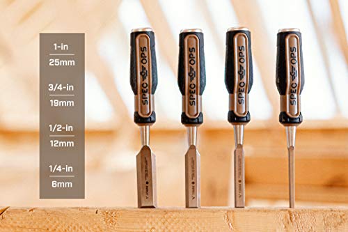 Spec Ops Tools Wood Chisel Set with High-Carbon Steel Blades, Shock-Absorbing Grip, 4-Piece, 3% Donated to Veterans