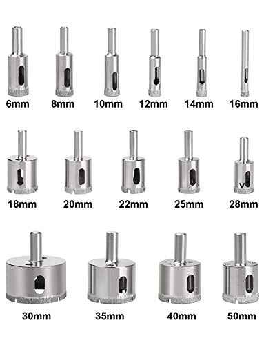 Hole Saw Set,15Pcs Diamond Drill Bits, Tile Hole Saw Kit,Coated Core Drill Bits with Hole Saw Guide Jig Fixture,Adjustable Hole Saw Centering Locator Suction Holder for Glass, Ceramics,Tile 6-50mm