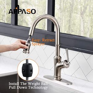 Bushed Nickel Kitchen Faucet with Pull Down Sprayer and Brush, Single Handle High Arc Single Hole Pull Out Kitchen Sink Faucets with Sprayer, Stainless Steel, APPASO