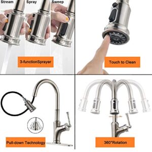 Bushed Nickel Kitchen Faucet with Pull Down Sprayer and Brush, Single Handle High Arc Single Hole Pull Out Kitchen Sink Faucets with Sprayer, Stainless Steel, APPASO