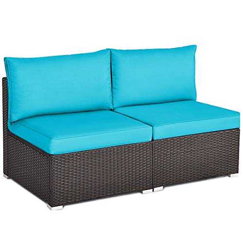 Tangkula 2 PCS Outdoor Wicker Armless Sofa, Patio Rattan Sectional Sofa Set w/2 Thick Seat Cushions and 2 Back Cushions, Additional Seats for Balcony Garden Patio Poolside (Turquoise)