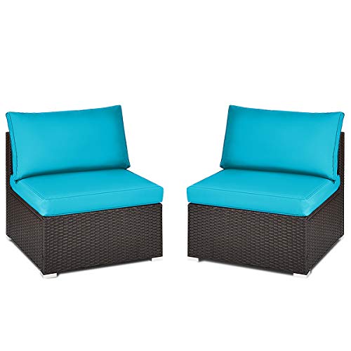 Tangkula 2 PCS Outdoor Wicker Armless Sofa, Patio Rattan Sectional Sofa Set w/2 Thick Seat Cushions and 2 Back Cushions, Additional Seats for Balcony Garden Patio Poolside (Turquoise)