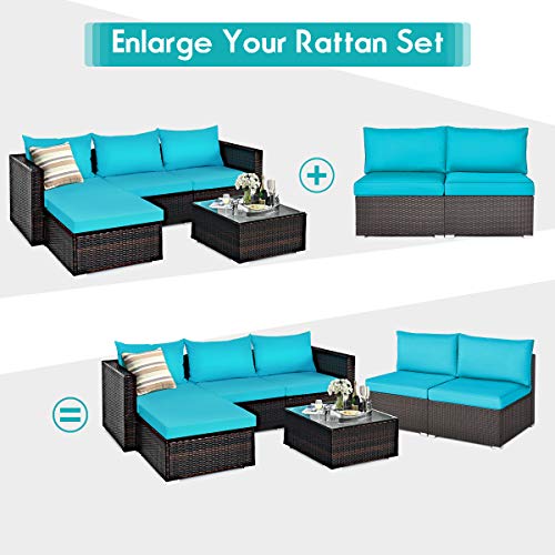 Tangkula 2 PCS Outdoor Wicker Armless Sofa, Patio Rattan Sectional Sofa Set w/2 Thick Seat Cushions and 2 Back Cushions, Additional Seats for Balcony Garden Patio Poolside (Turquoise)