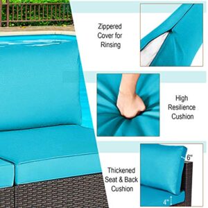 Tangkula 2 PCS Outdoor Wicker Armless Sofa, Patio Rattan Sectional Sofa Set w/2 Thick Seat Cushions and 2 Back Cushions, Additional Seats for Balcony Garden Patio Poolside (Turquoise)