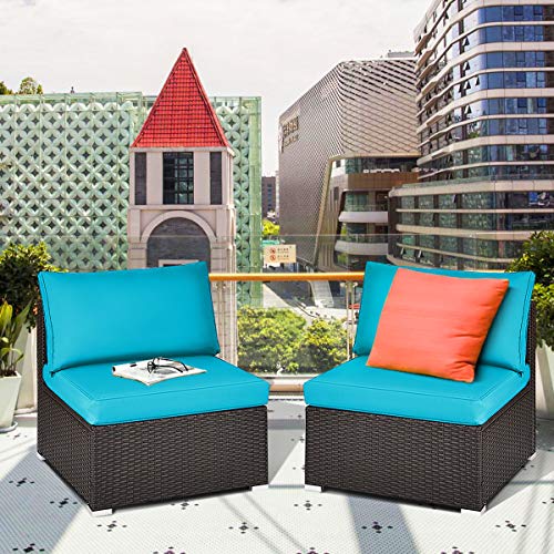 Tangkula 2 PCS Outdoor Wicker Armless Sofa, Patio Rattan Sectional Sofa Set w/2 Thick Seat Cushions and 2 Back Cushions, Additional Seats for Balcony Garden Patio Poolside (Turquoise)