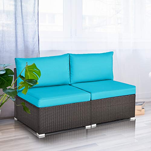 Tangkula 2 PCS Outdoor Wicker Armless Sofa, Patio Rattan Sectional Sofa Set w/2 Thick Seat Cushions and 2 Back Cushions, Additional Seats for Balcony Garden Patio Poolside (Turquoise)